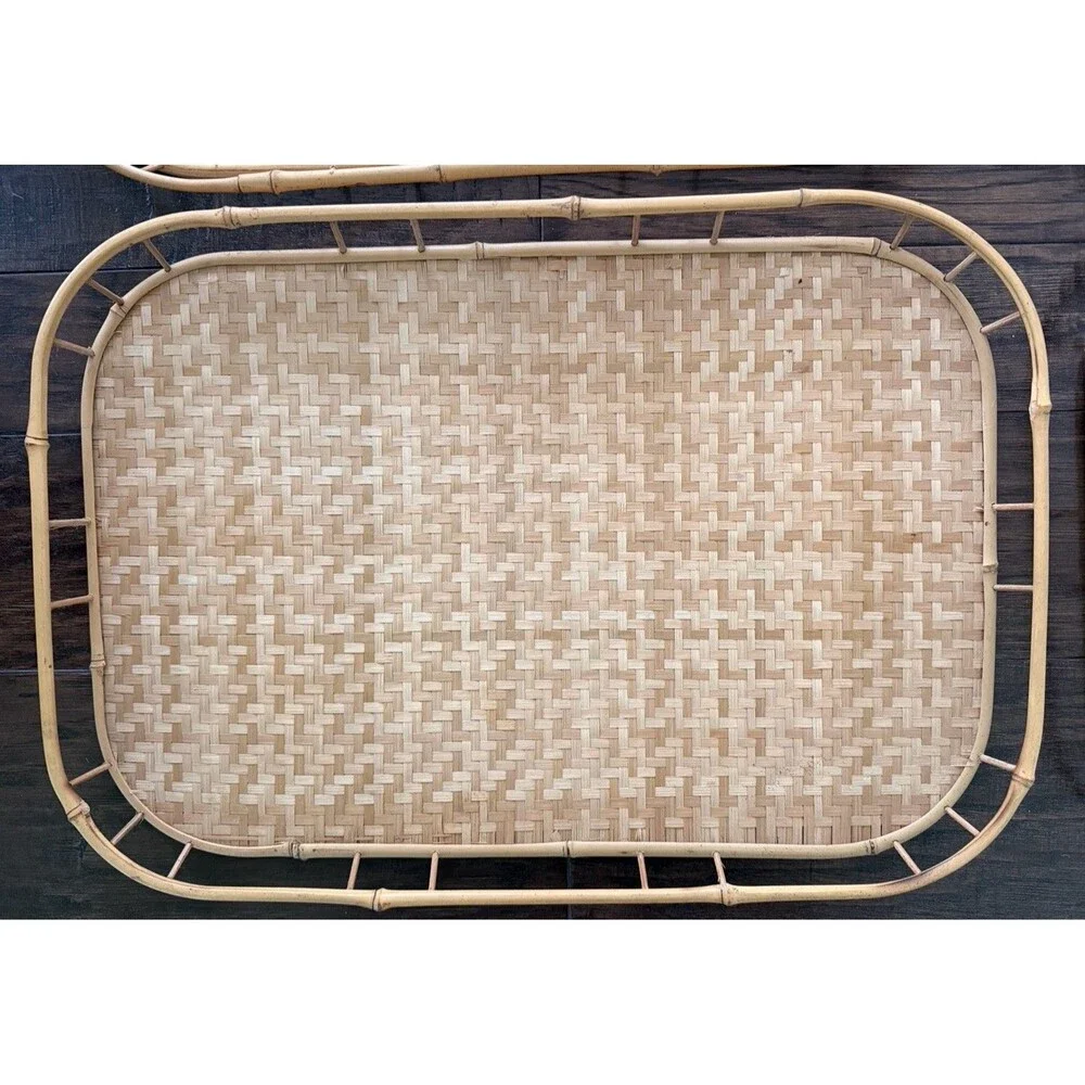 Vintage Bamboo Woven Rattan natural Wicker Set of 4 Lap Serving Trays 18x12